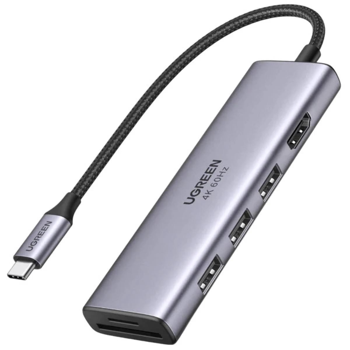 UGREEN-60383 6 IN 1 USB-C TO 3XUSB3.0 A+ HDMI 4K @60HZ MAX +SD/TF MULTIFUNCTION ADAPTER