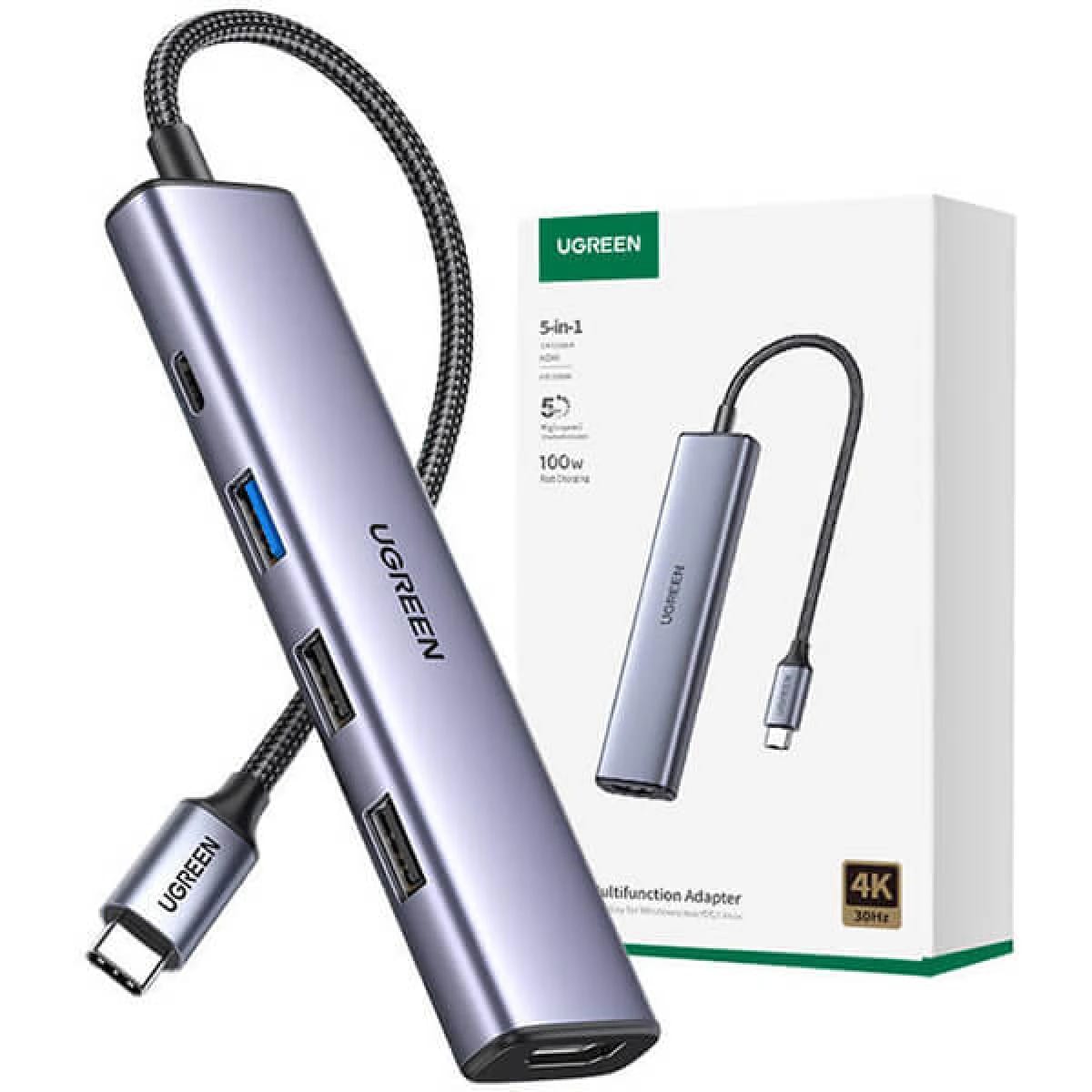 UGREEN-15596 5 IN 1 USB C TO HDMI + 3XUSB3.0 UP TO 5Gbps + USB-C PD POWER CONVERTER MULTIFUNCTION A-100W
