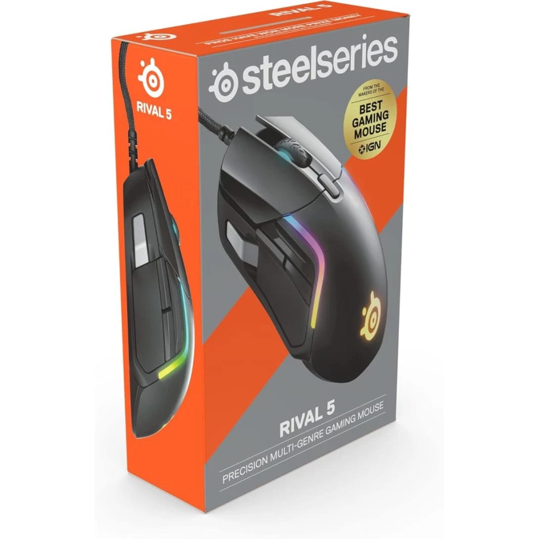 SteelSeries Rival 5 Wired Prism RGB Lighting TrueMove Optical Sensor Ergonomic Gaming Mouse, 18000 CPI, Golden Micro IP54 Switches