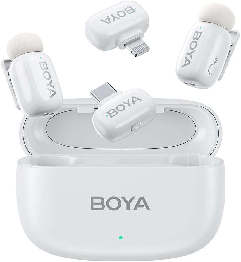 ميكروفون لاسلكي صغير من BOYA لهواتف iPhone/Android/الكمبيوتر اللوحي/الكمبيوتر مع منفذ USB C/Lightning - أبيض