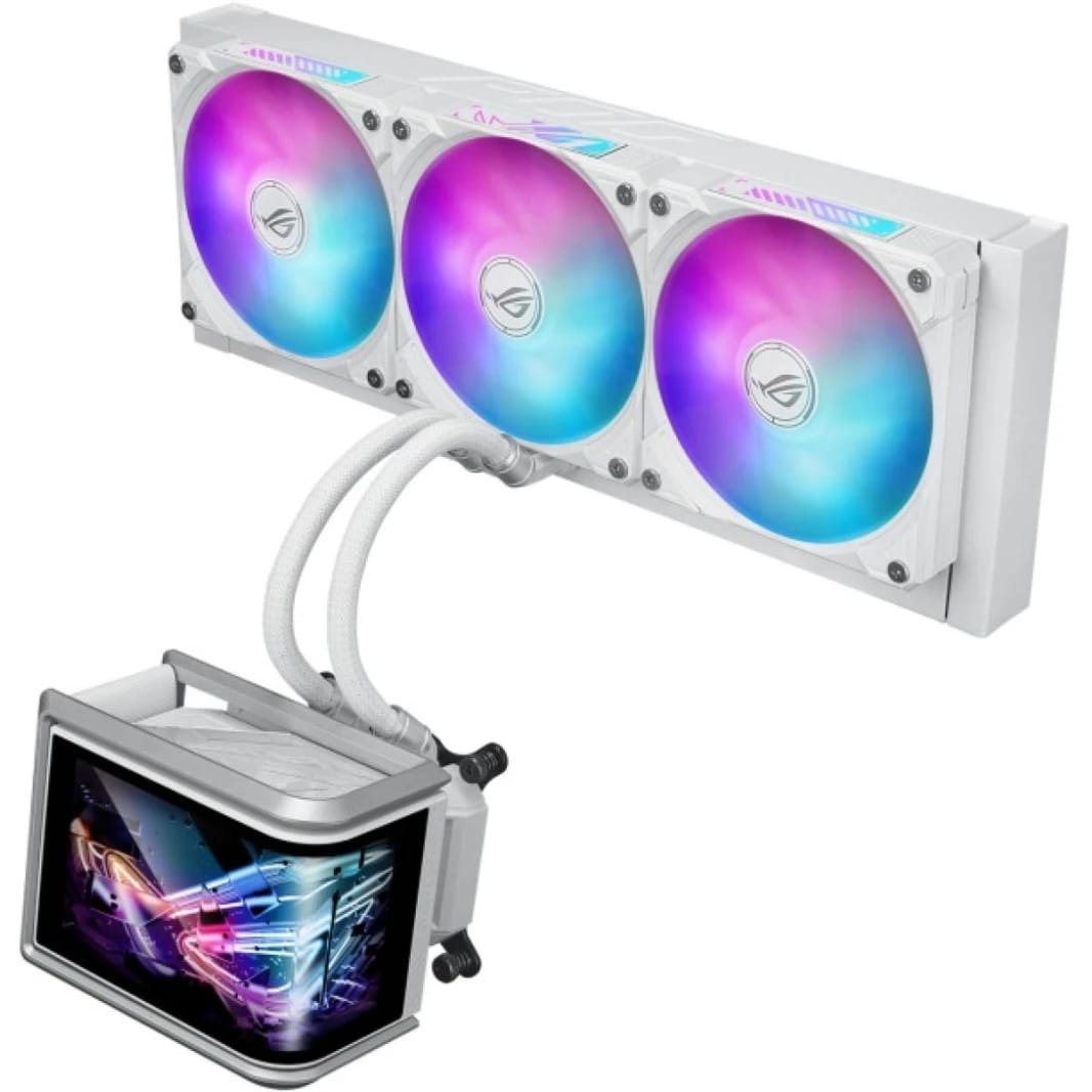 ASUS ROG Ryuo IV SLC 360 ARGB 6.67" AMOLED 3D Curved Panoramic Display, Ultra Performance All-In-One 360mm Liquid CPU Cooler, Sliding LCD Panel w/ Pre-Installed 3x ROG RYUO IV MF-12C ARGB Fan - White Edition