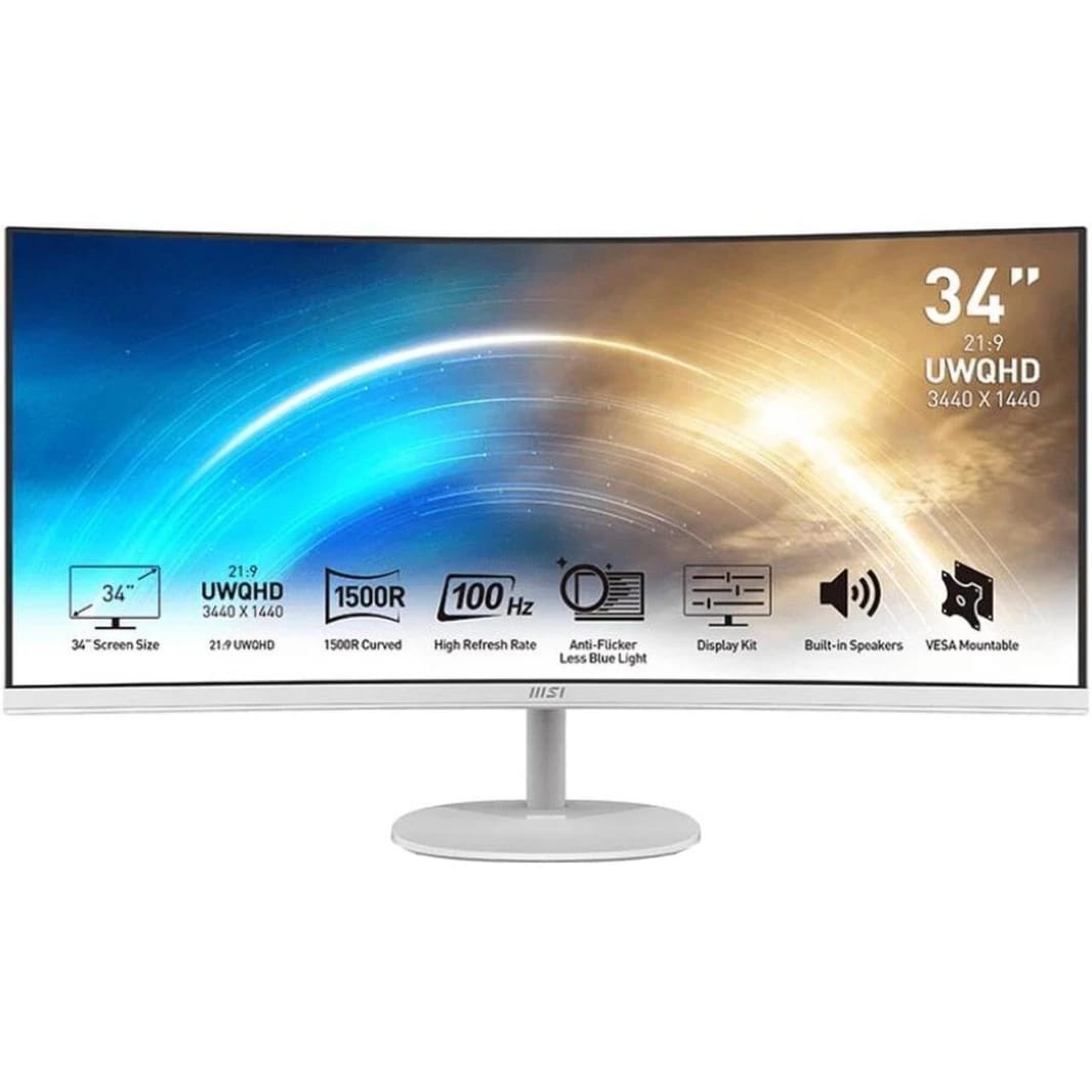 Msi Pro Mp341cqw 34" Business & Productivity Curved 1500r 2k Uwqhd Va, 100hz Refresh Rate, 1ms, 1.07b Color Support, Built-In Speakers, White