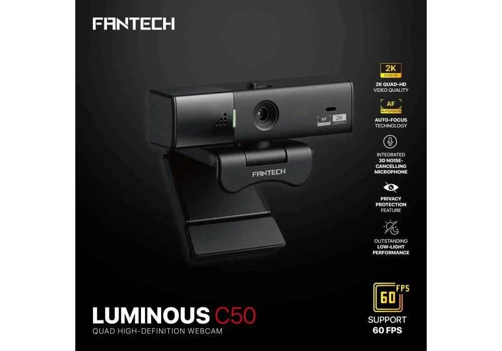 كاميرا ويب FANTECH C50 LUMINOUS 2K QHD 60FPS مع تركيز تلقائي 5 ميجابكسل، وتحكم في الحركة/الإمالة، وغطاء خصوصية، وميكروفون مع تقنية إلغاء الضوضاء ثلاثية الأبعاد