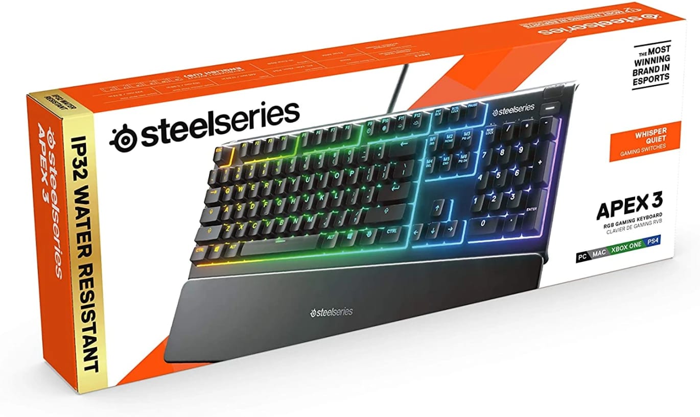 Steelseries Apex 3 Rgb 10-zone Whisper Quiet Gaming Switch Wrist Rest Keyboard
