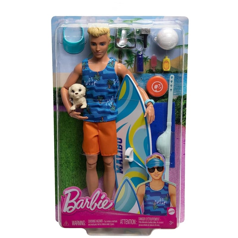 MATTEL | Barbie, Ken Doll with Surfboard and Pet Puppy