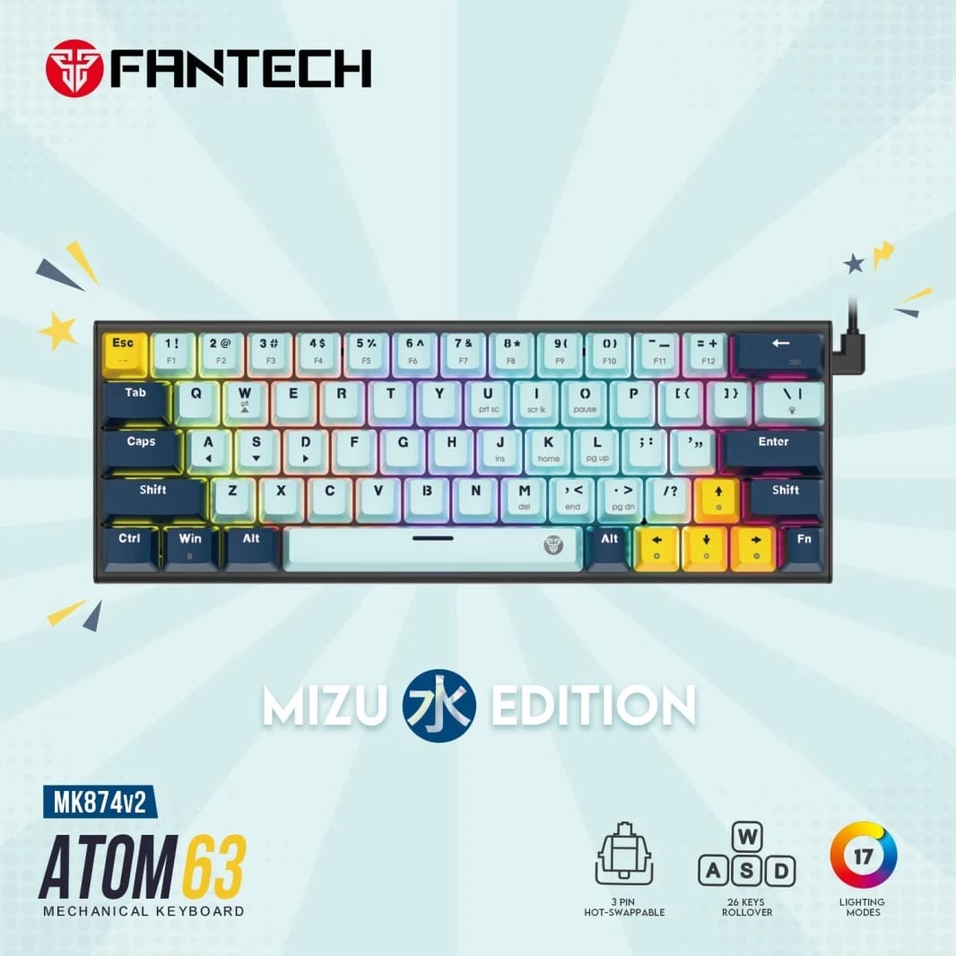 Fantech Mk874 V2 Atom 63 Hot Swappable Mechanical Keyboard Sky Blue