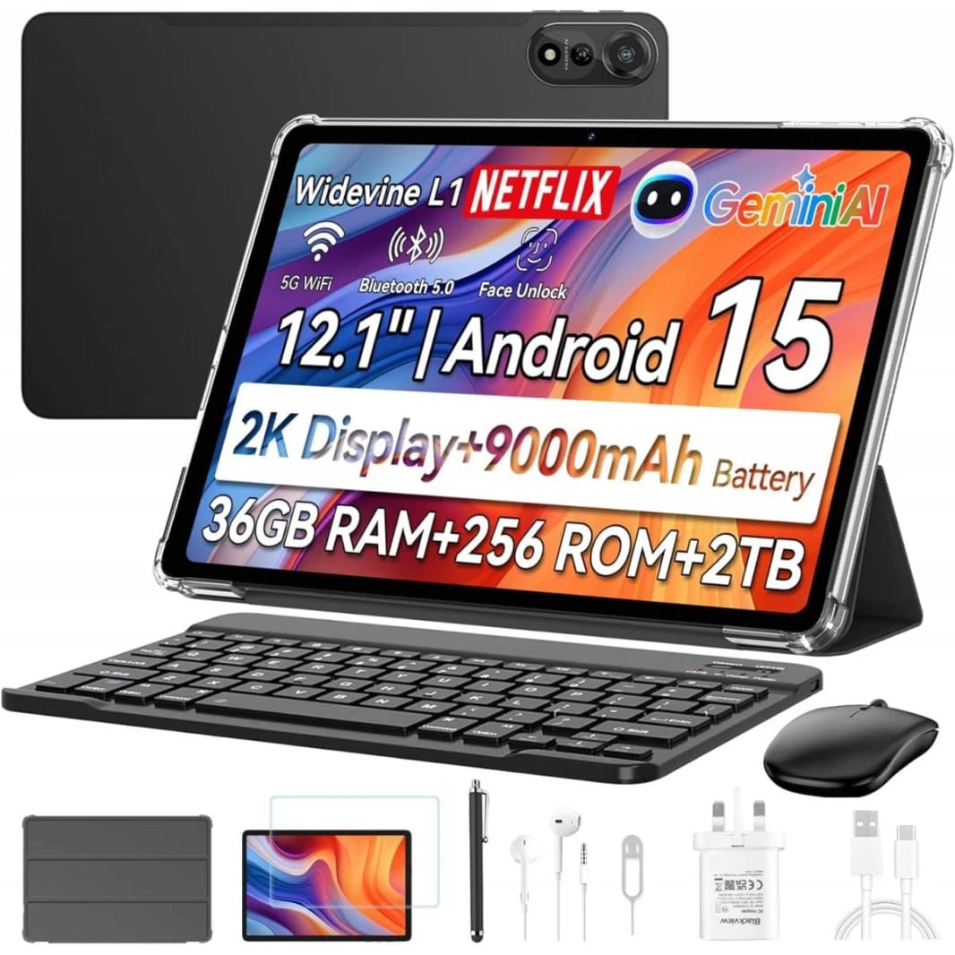 Blackview 12 inch MEGA 2 Tablet Best Android 15, Large Tablets with FHD+ 2K Display, 12+24GB RAM + 256GB ROM, 4G SIM, 5G WiFi, 9000mAh, Pen & Case, Octa-core Unisoc T615, Widevine L1, Google GMS - Celestial Grey