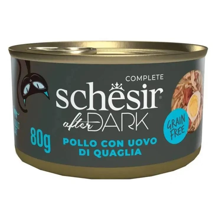 Schesir After Dark Canned Chicken with Quail Eggs in Broth, Complete Meal Wet Food for Adult Cats, 80g