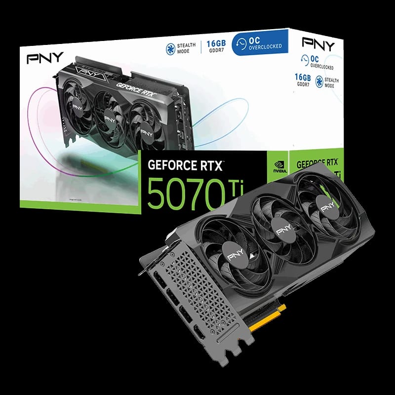 بطاقة الرسومات PNY NVIDIA GeForce RTX™ 5070 Ti OC بثلاث مراوح (16 جيجابايت GDDR7، 256-بت، سرعة تعزيز: 2572 ميجاهرتز، PCIe® 5.0، HDMI)