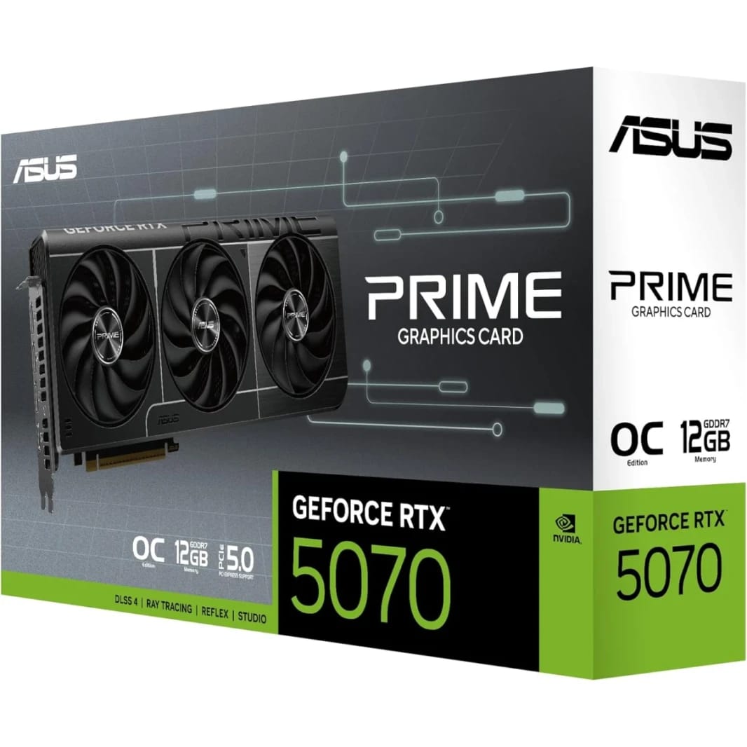 بطاقة الرسوميات ASUS The Prime GeForce RTX™ 5070 OC Edition 12GB GDDR7 (PCIe® 5.0، 12GB GDDR7، HDMI®/DP 2.1، فتحة 2.5، مراوح Axial-tech، BIOS مزدوج)