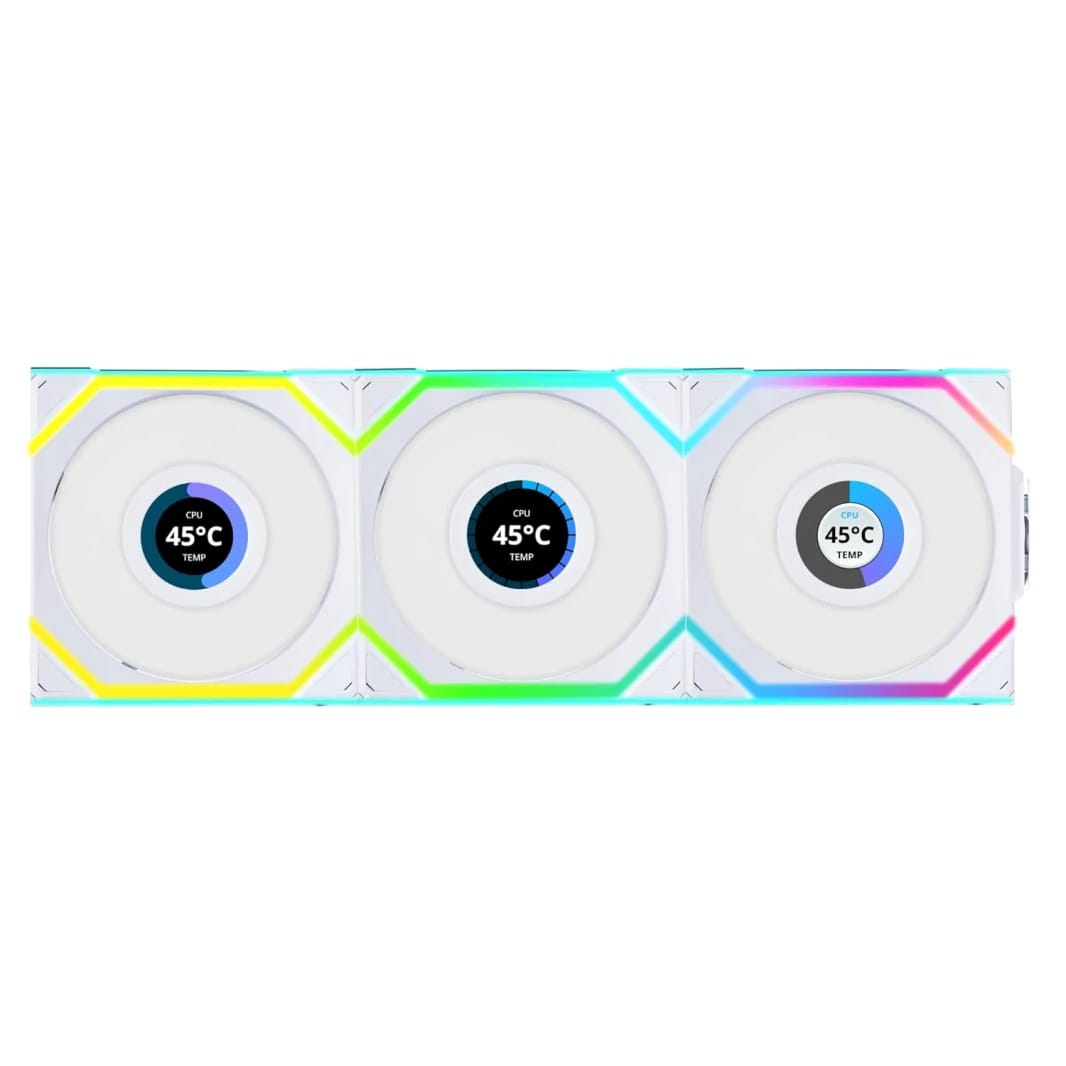 Lian Li UNI FAN SL Wireless LCD 120 Kit مع تحكم لاسلكي بشاشة LCD ملونة 1.6" IPS ثنائي المنطقة ARGB، مجموعة ثلاثية عالية الأداء، متحكم لاسلكي 2.4 غيغاهرتز (متضمن) - أبيض