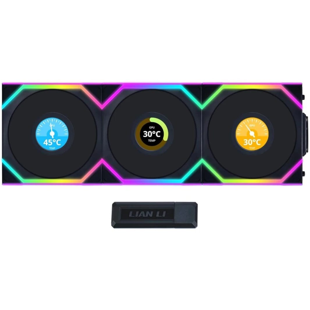 مجموعة مروحة ليان لي UNI FAN SL لاسلكية بشاشة LCD 120 مع ARGB مزدوج النطاق، ثلاثية ذات أداء عالٍ، شاشة LCD ملونة كاملة IPS بحجم 1.6 إنش مع وحدة تحكم لاسلكية 2.4 جيجاهرتز (مضمنة) - أسود