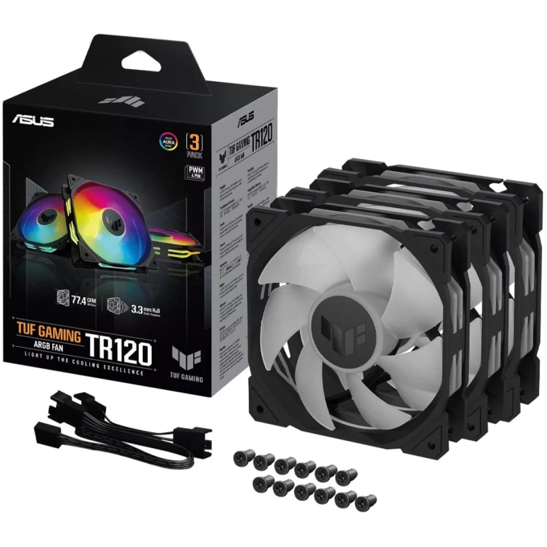 مروحة ASUS TUF Gaming TR120 ARGB بوصلة 3Pin بطبقة LED مزدوجة 2000 دورة في الدقيقة 3.3 ملم ماء 77.4 قدم مكعب في الدقيقة 16 مصباح RGB قابل لتوجيهها فردياً حزمة 3 - أسود