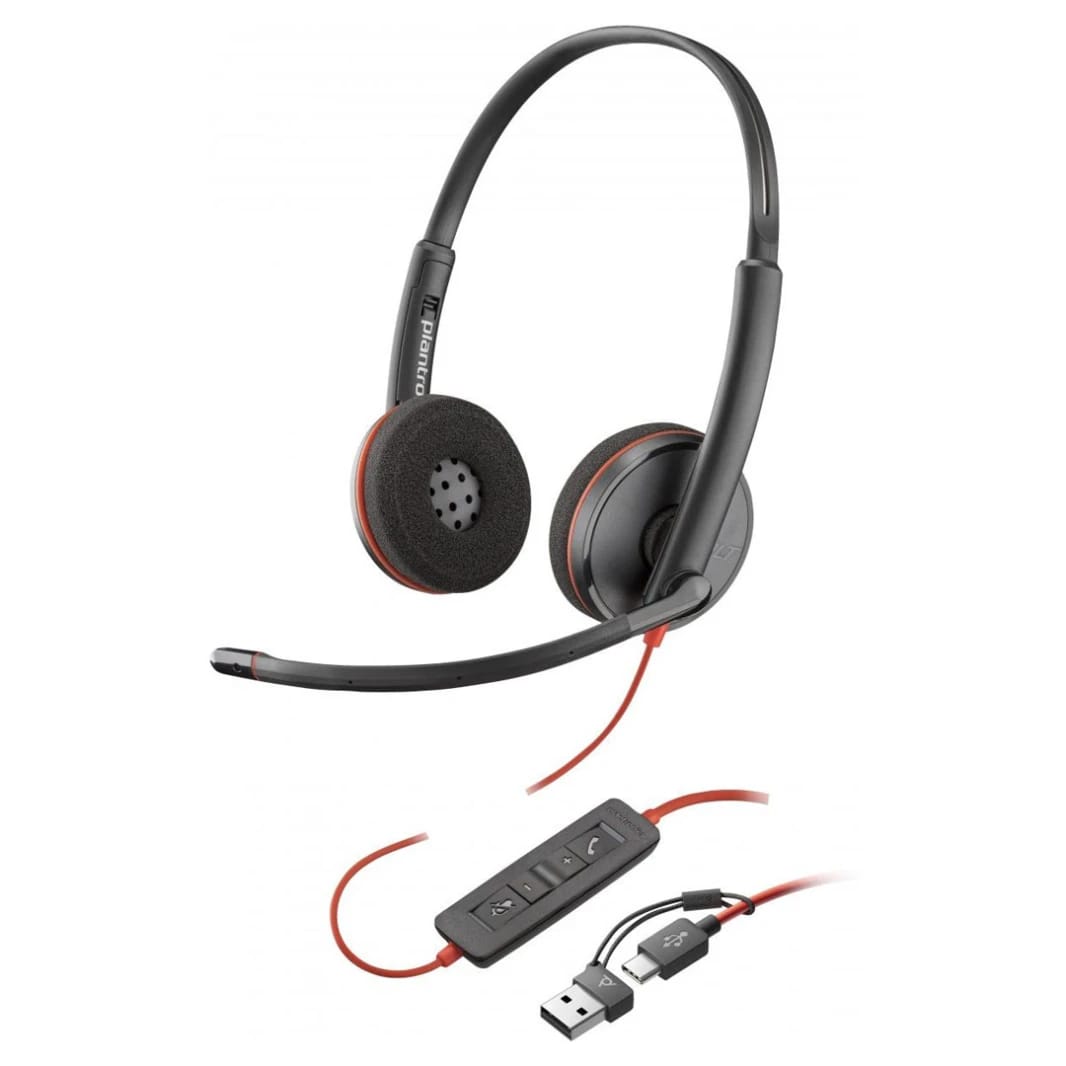 سماعة الرأس Poly Blackwire 3220 السلكية (بلانترونيكس) - سماعة استيريو مزودة بخاصية إلغاء الضوضاء بمنفذي USB-C/USB-A