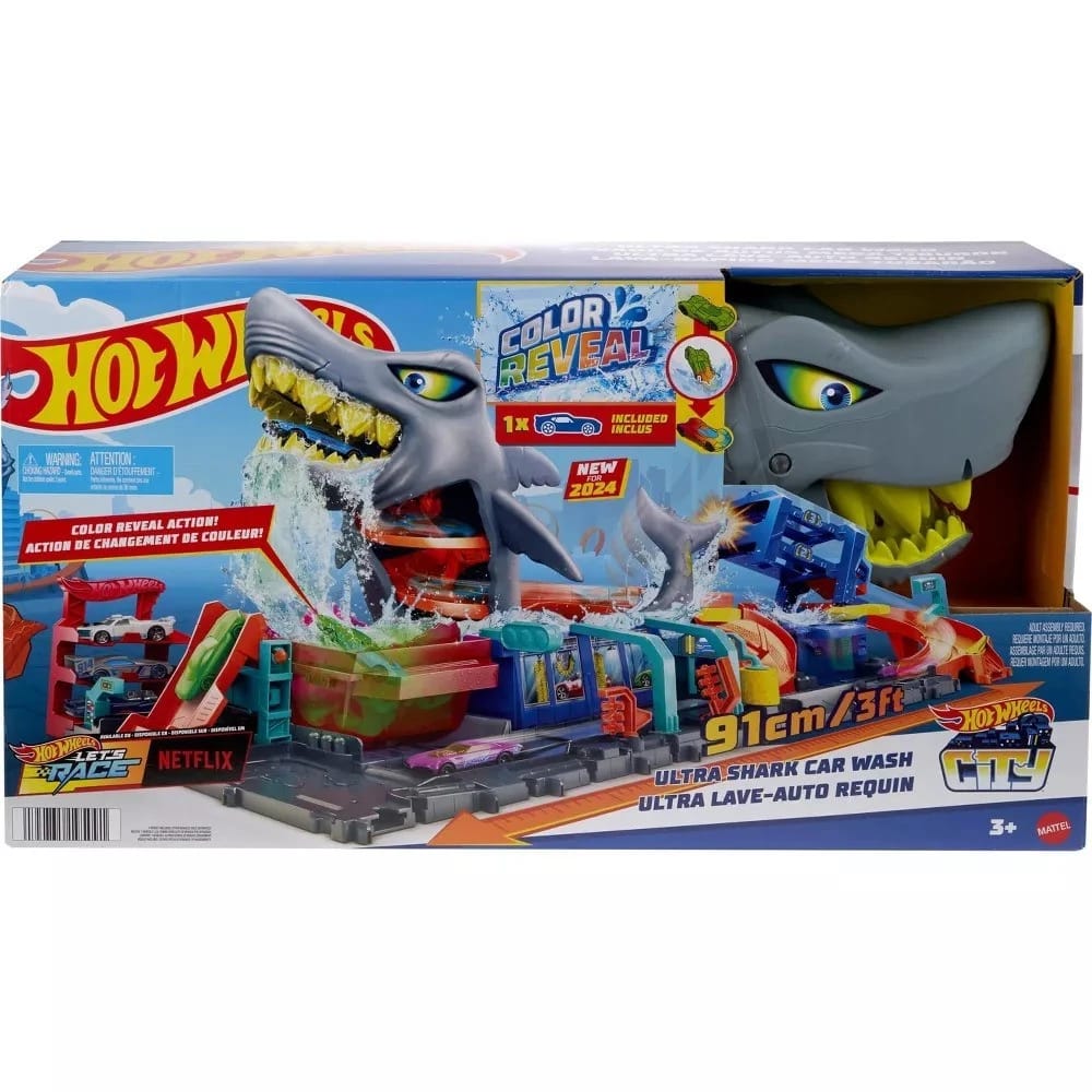 Hot Wheels City Ultra Shark Car Wash with Color Reveal Toy Car in 1:64 Scale