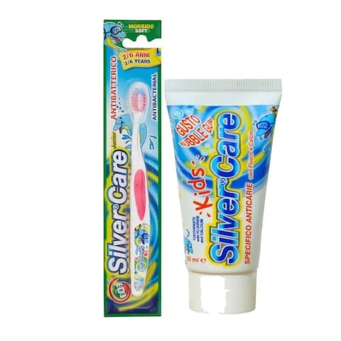 Silver Care Junior Toothbrush Antibacterial 2 - 6 Year Medium + Silver Care Bubble Gum Toothpaste 50 Ml