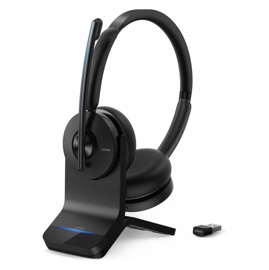 Anker – Headsets – Wireless – PowerConf H700 with Charging Stand Active Noise Cancelling Bluetooth Headset with Microphone – Black