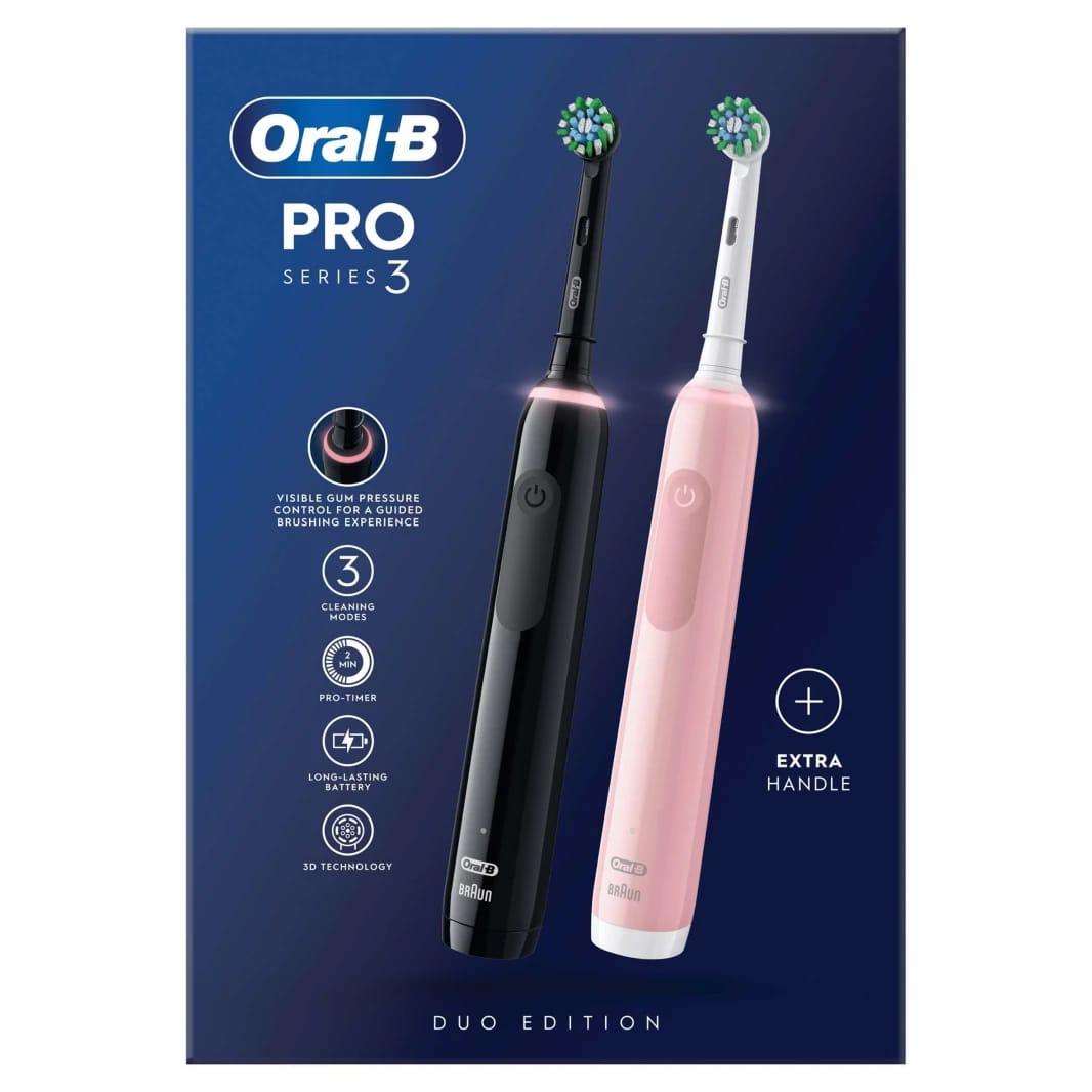 Oral-B – Toothbrushes – Oral-B by Braun Pro Series 3 Black & Pink Electric Toothbrushes with Smart Pressure Sensor & 2 Brush Heads – 1 Charger