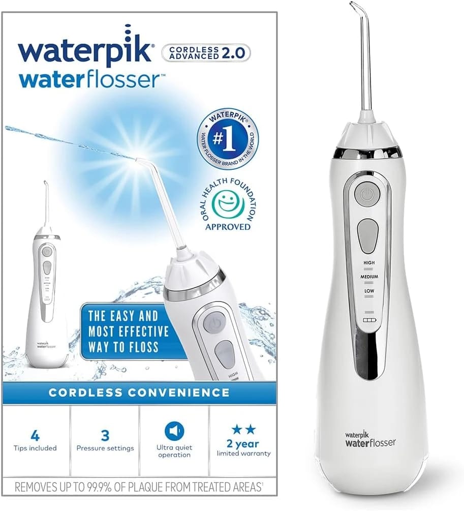 Waterpik Cordless Advanced 2.0 – Rechargeable Portable Water Flosser with 4 Tips & Travel Bag – ADA Accepted – White