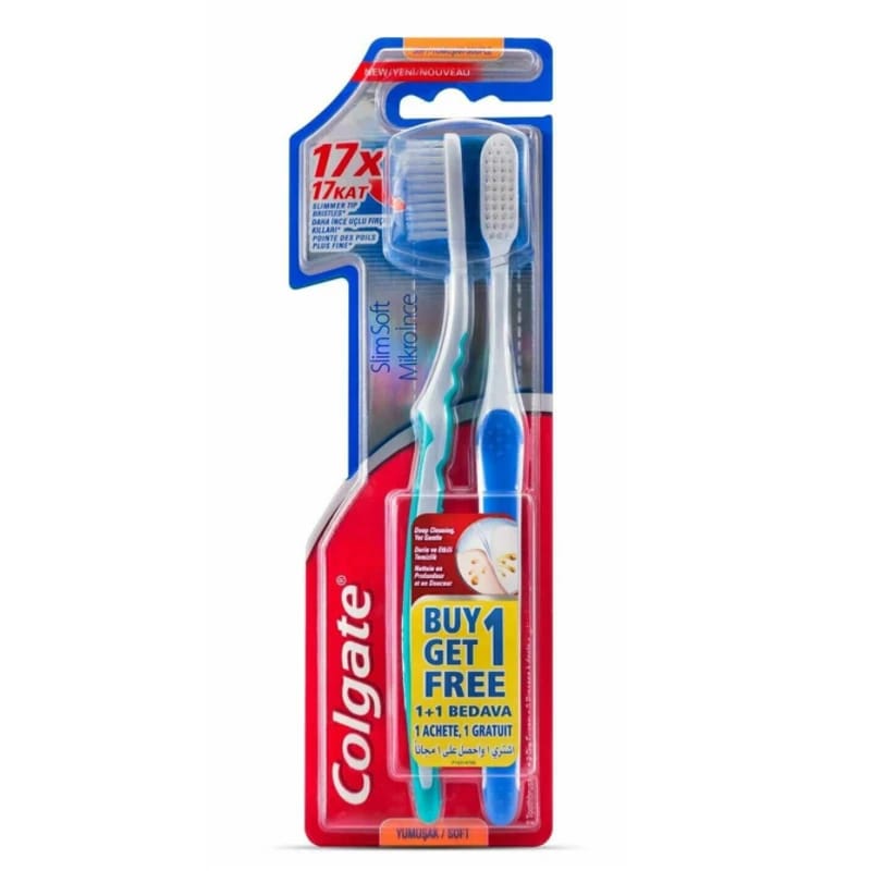 Colgate Slim Soft Toothbrush (1 + 1 Free), Assorted Colors