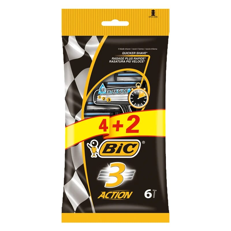BIC Action Men's Disposable Razors, 3 Blades, 4 + 2pcs