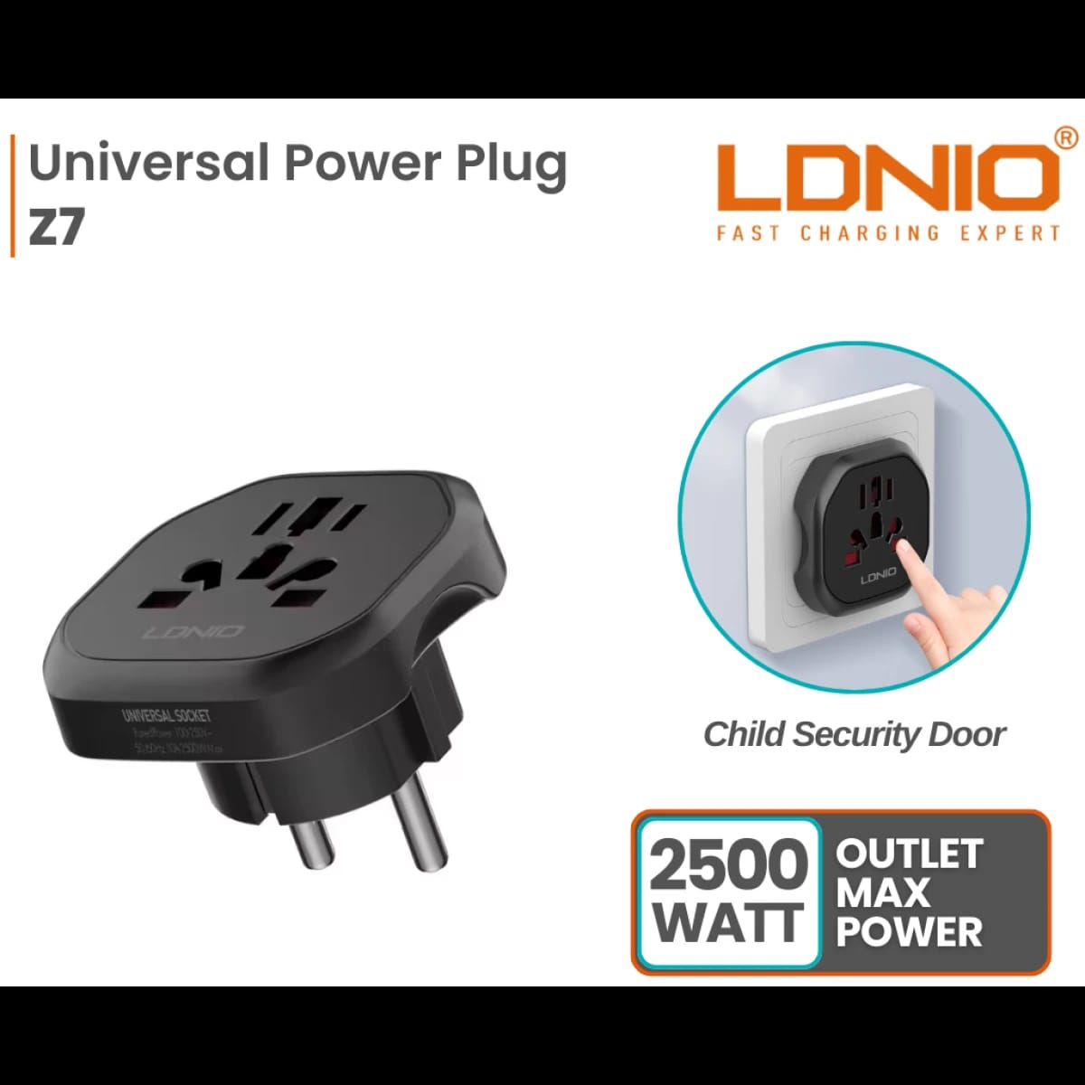 LDNIO Z7 Universal Travel Adapter with Power Strip | 4-in-1 International Plug Converter (UK, US, EU, AU) | 2500W Surge Protected Power Socket | Compact & Child-Safe