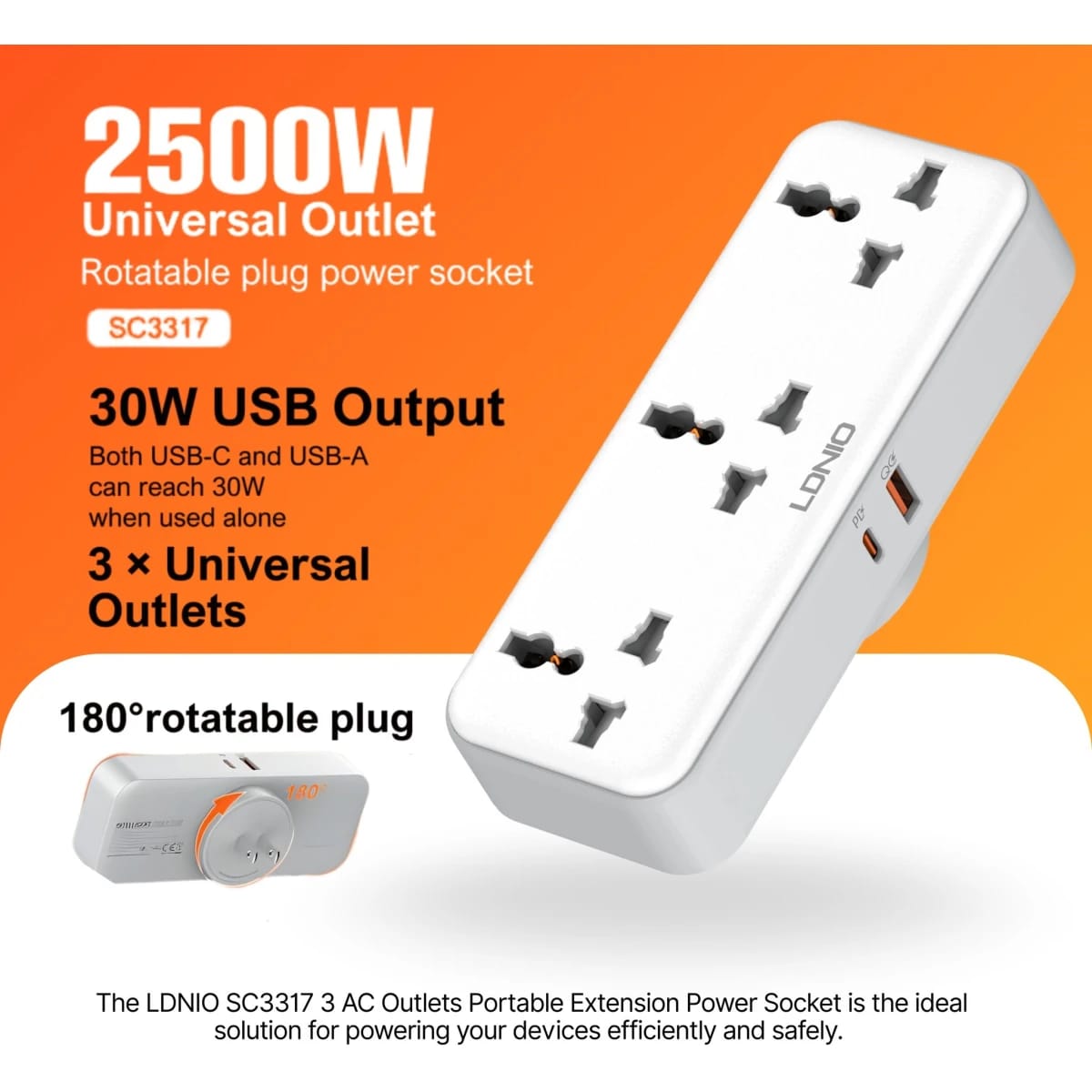 LDNIO SC3317 Plug Expansion Socket with USB Wall Plug Adapter 3 Way 1 to 3 Power Expansion Adapter