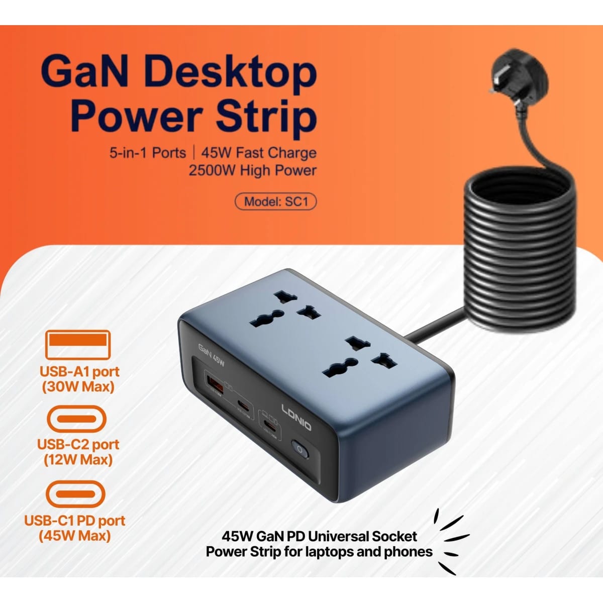 LDNIO SC1 45W PD Adapter 2500w Universal Socket Power Strip 45W High Power, Fast Charge for PD3.0 and QC3.0 Devices