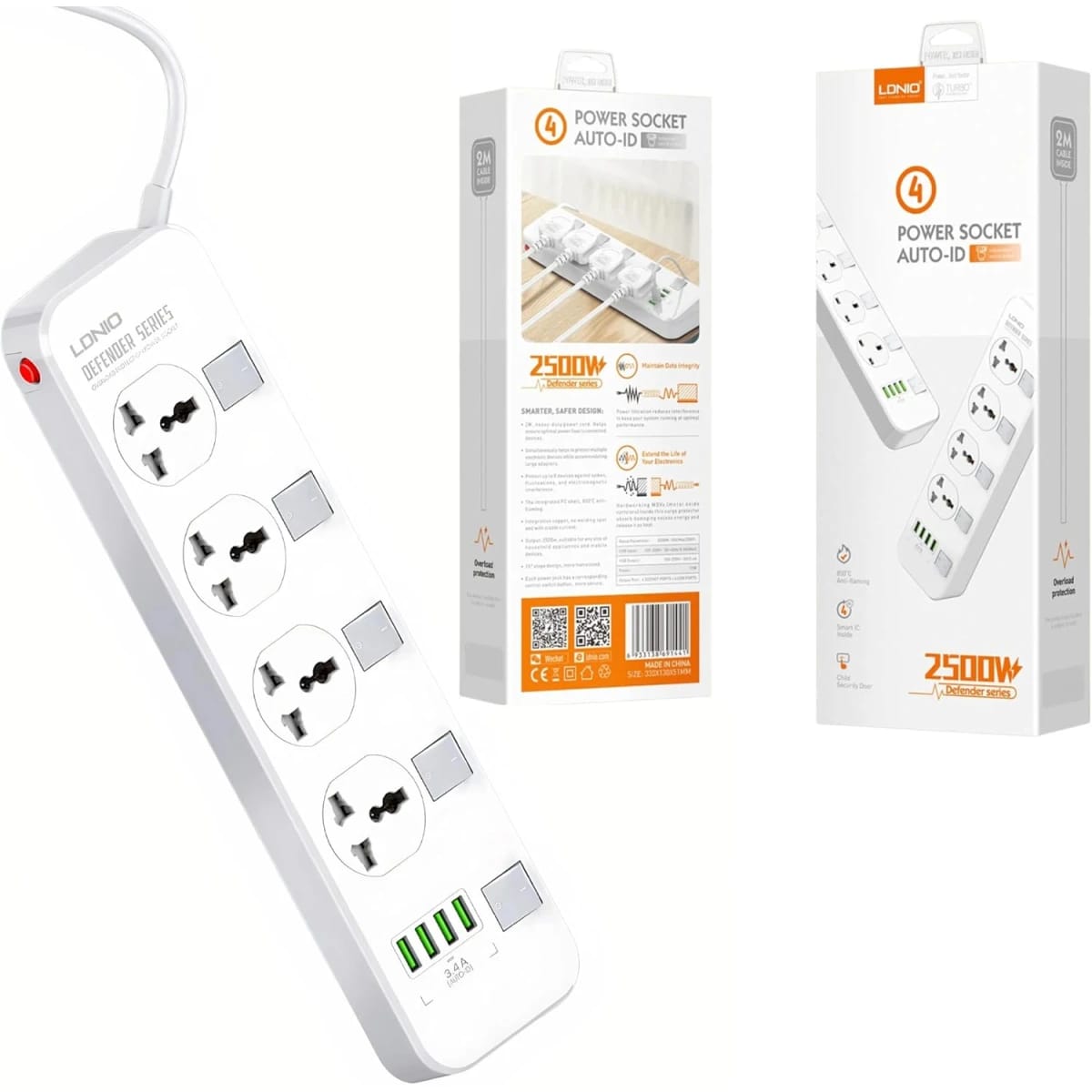 LDNIO SC4408 Overload Protector Electric Extension Socket Universal Plug Type Power Strip with 4 USB Ports Socket - White
