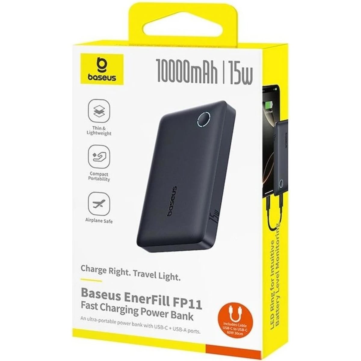 Baseus EnerFill FP11 10000mAh 15W Fast Charging Power Bank with Dual USB-A and Type-C Output, Air-Travel Friendly Design, Multiple Safety Protections - Black