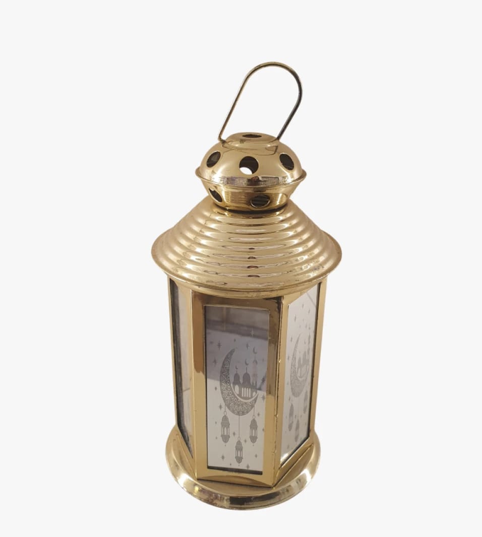 Bronze Decorative Lantern with Crescent and Mosque Design for Ramadan Gatherings and Spiritual Décor Lovers