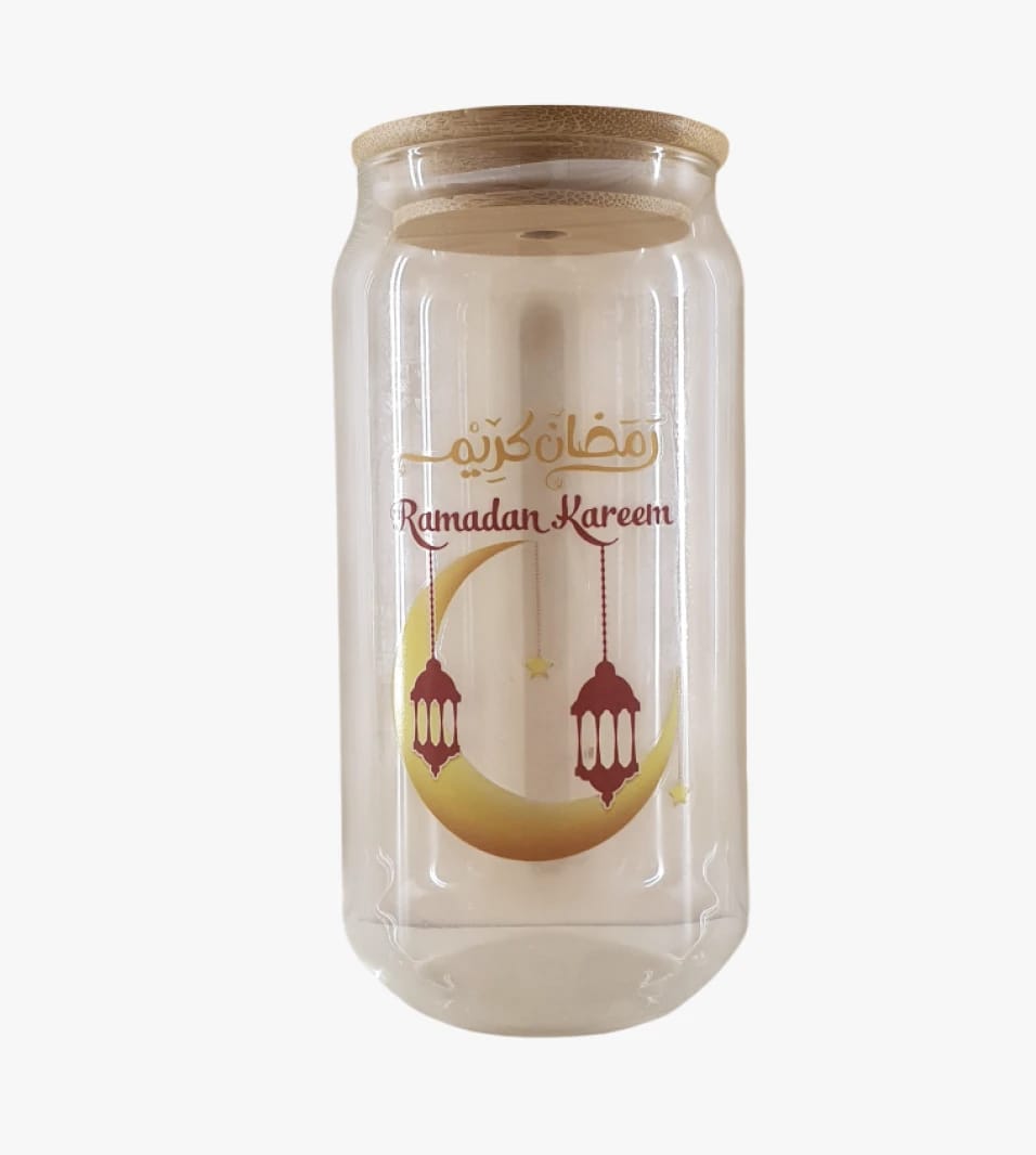Elegant Glass Cup with Wooden Lid, Specially Designed for Ramadan with Luxurious Ramadan Kareem Greeting
