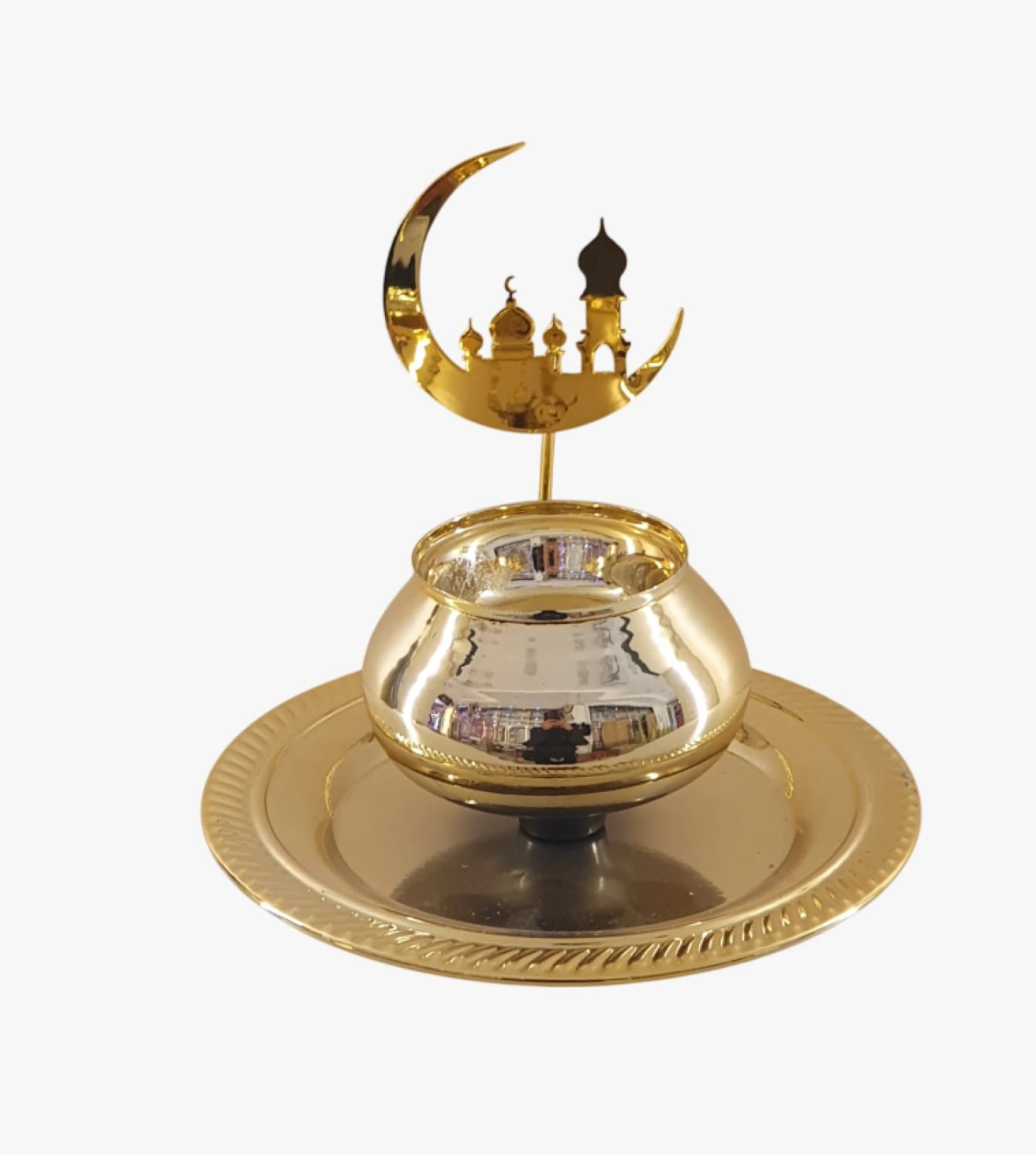 Elegant Golden Crescent Lunar and Minaret Ornament with Round Tray for Home and Mosque Decor