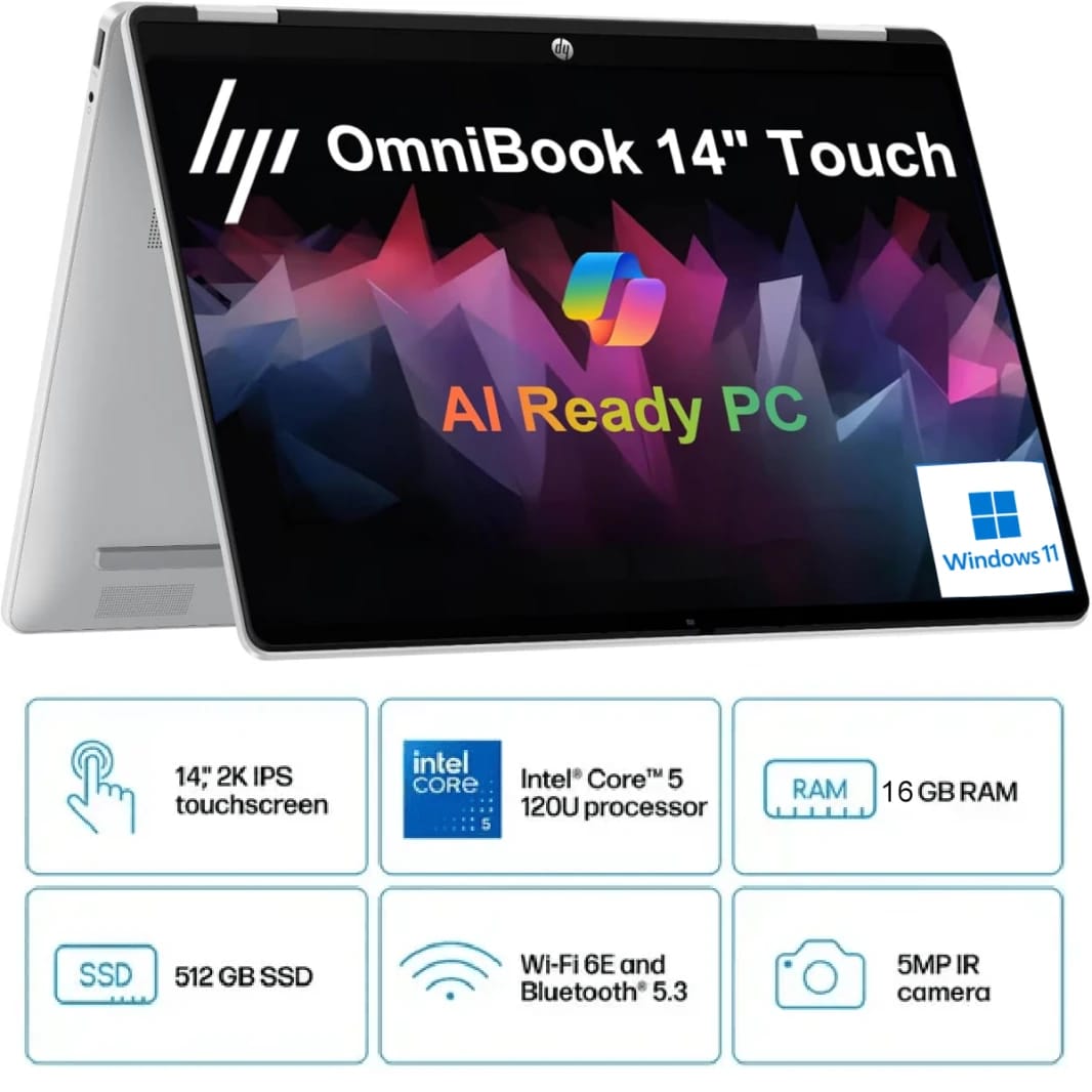 HP OmniBook 5 Flip 14 inch Laptop PC, Intel® Core™ 5 120U, 16 GB, 512 GB, 2K IPS Touch w/ Pen - Windows 11 Home