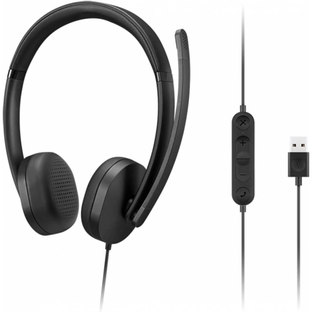 Lenovo USB-A Wired Stereo Headset for PC/Laptop, AI Noise Canceling via APP, 140g Lightweight, Replaceable Earcups, Double-Sided Boom Mic, in-line Controls with Mute for Call. Compatible with Teams/Zoom