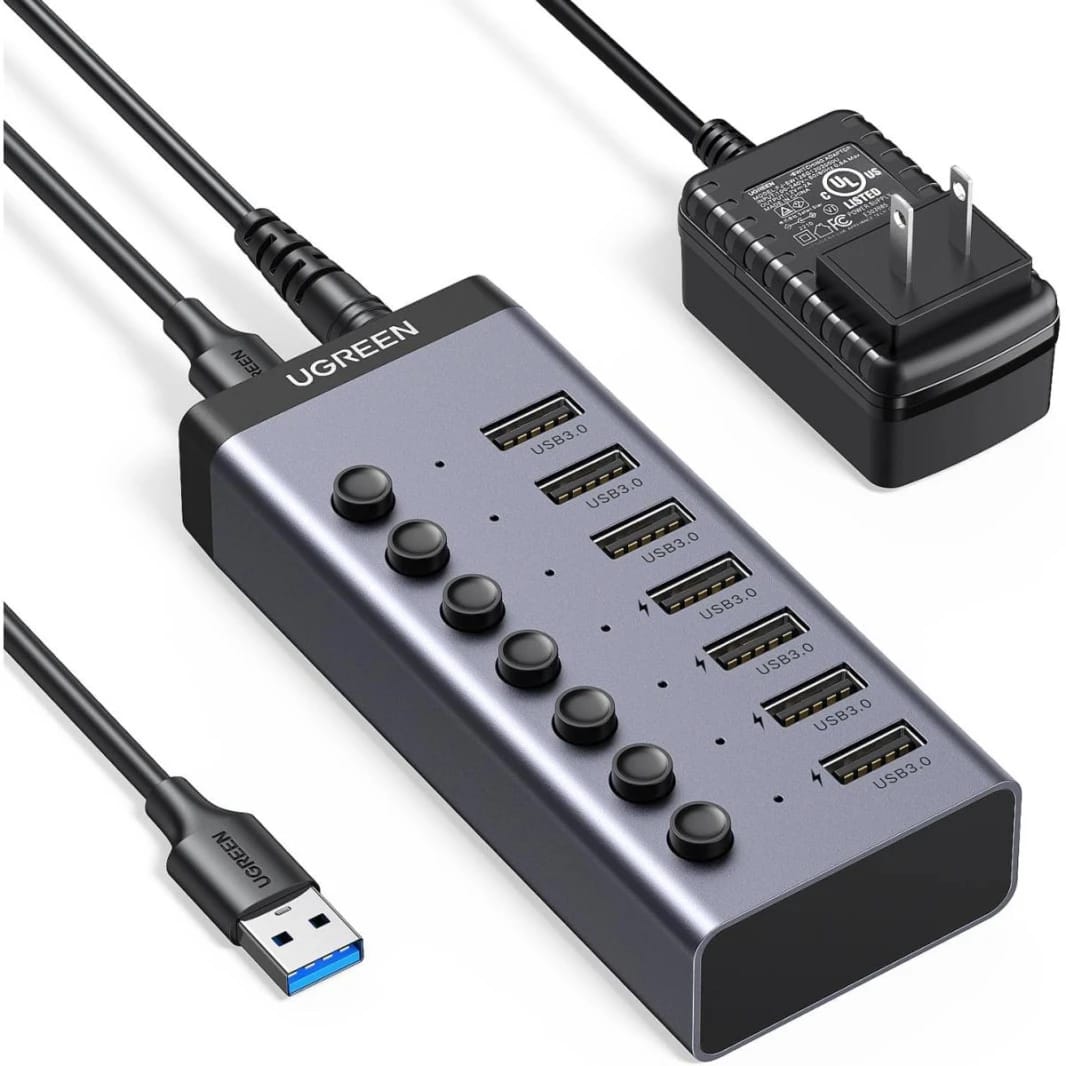 UGREEN Powered USB 3.0 Hub, 7-Port USB Adapter with 4 Smart Charging Ports, USB Splitter with Individual Led On/Off Switches and Power Adapter, USB Ports Extender for Laptop PC