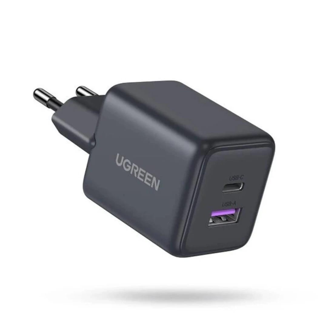 شاحن سريع UGREEN X516 Nexode 30W بمنفذين GaN USB-C PD و USB-A QC 3.0 قابس أوروبي - أسود