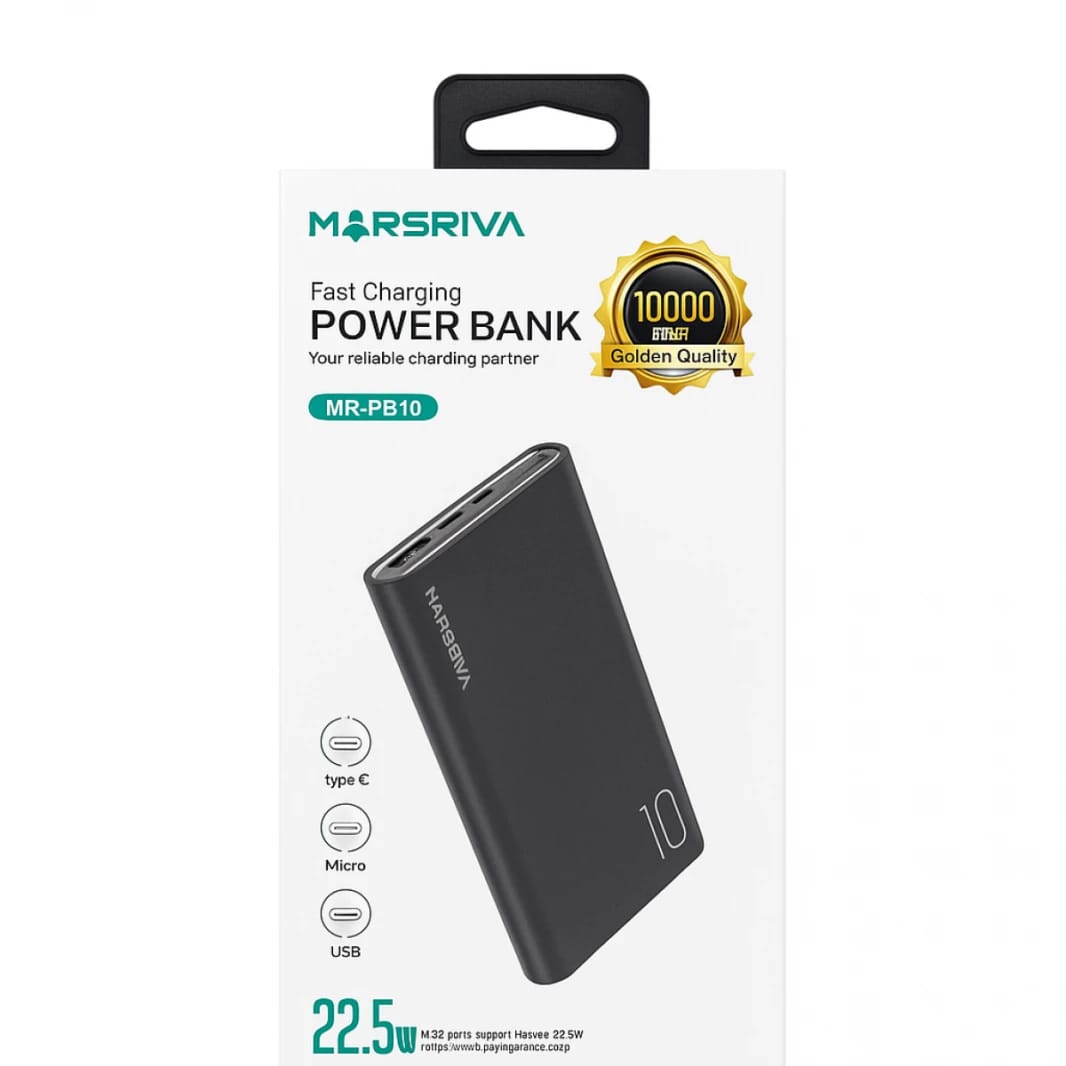 MARSRIVA 10000mAh Fast Charging 22.5W Power Bank - Black