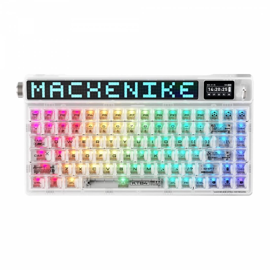 Machenike KT84 Mechanical Keyboard – 84-Key Wireless/Wired Gateron G Pro 2.0 White Switches Hot-Swappable Smart Screen – White