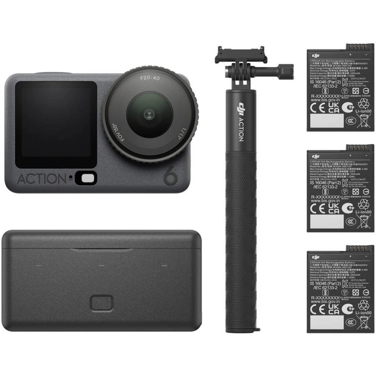 DJI Osmo Action 6 Adventure Combo، مستشعر CMOS مربع 38 ميجابكسل 1/1.1"، مجال رؤية 155°، فيديو UHD 4K120، صور ثابتة 8K، 3 ميكروفونات ستيريو، OsmoAudio، تحكم صوتي، مقاوم للماء حتى 65.6 قدم، أسود