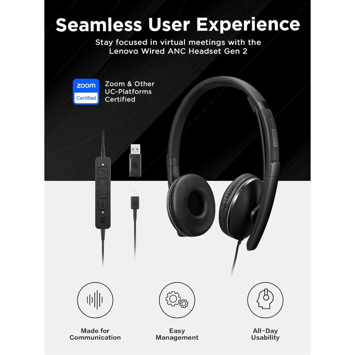 Lenovo Wired ANC Headset, USB-C and USB-A connectivity, Zoom Certified, Active Noise Cancellation, Hearing Protection, 145g Lightweight Comfortable Design, Replaceable Earcups, Business Headset