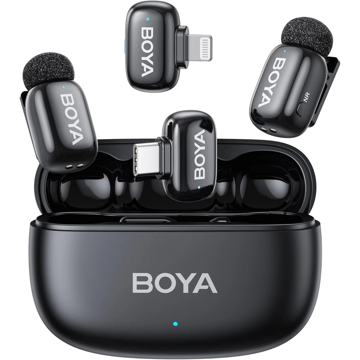 BOYA mini 2-01 (Type-C & Lightning) Wireless Microphone for iPhone & Android, AI Noise Cancellation, App Control, 48k Hz/24 Bit, 30H Battery Life with Charging Case, Lapel Microphone for Video Recording and Streaming, Black