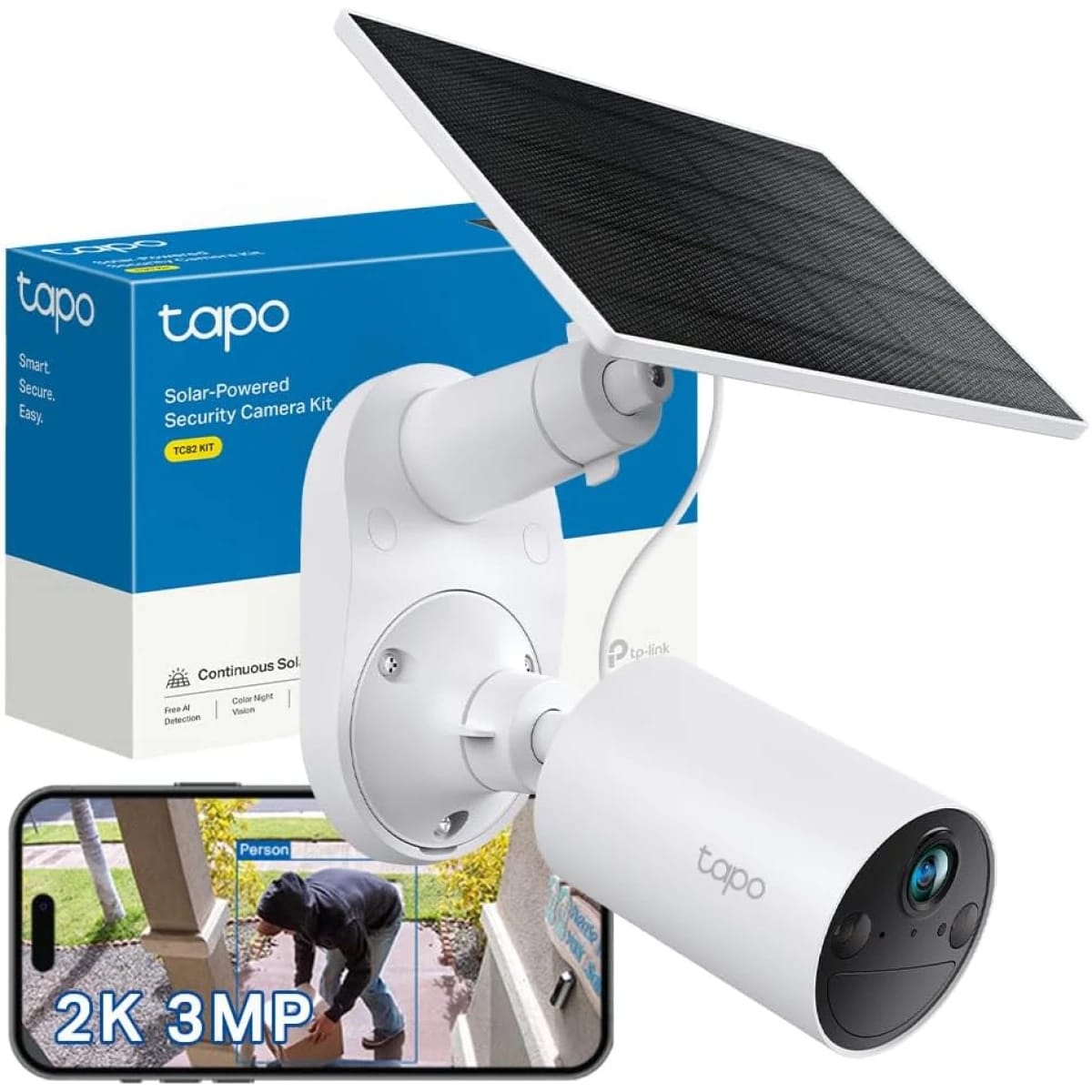 Tp-Link Tapo TC82 KIT كاميرا مراقبة خارجية تعمل بالطاقة الشمسية بدقة 3MP وتضمن الليل بالألوان، لا تحتاج لصيانة، بدون رسوم شهرية، كشف ذكي للأشخاص، IP65، تعمل مع أليكسا وجوجل