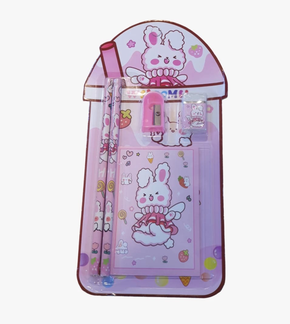 Welcome Kids Cute Rabbit Stationery Set with Pencils, Sharpener, Eraser, Notebook, Eye-catching Design Ideal for Children