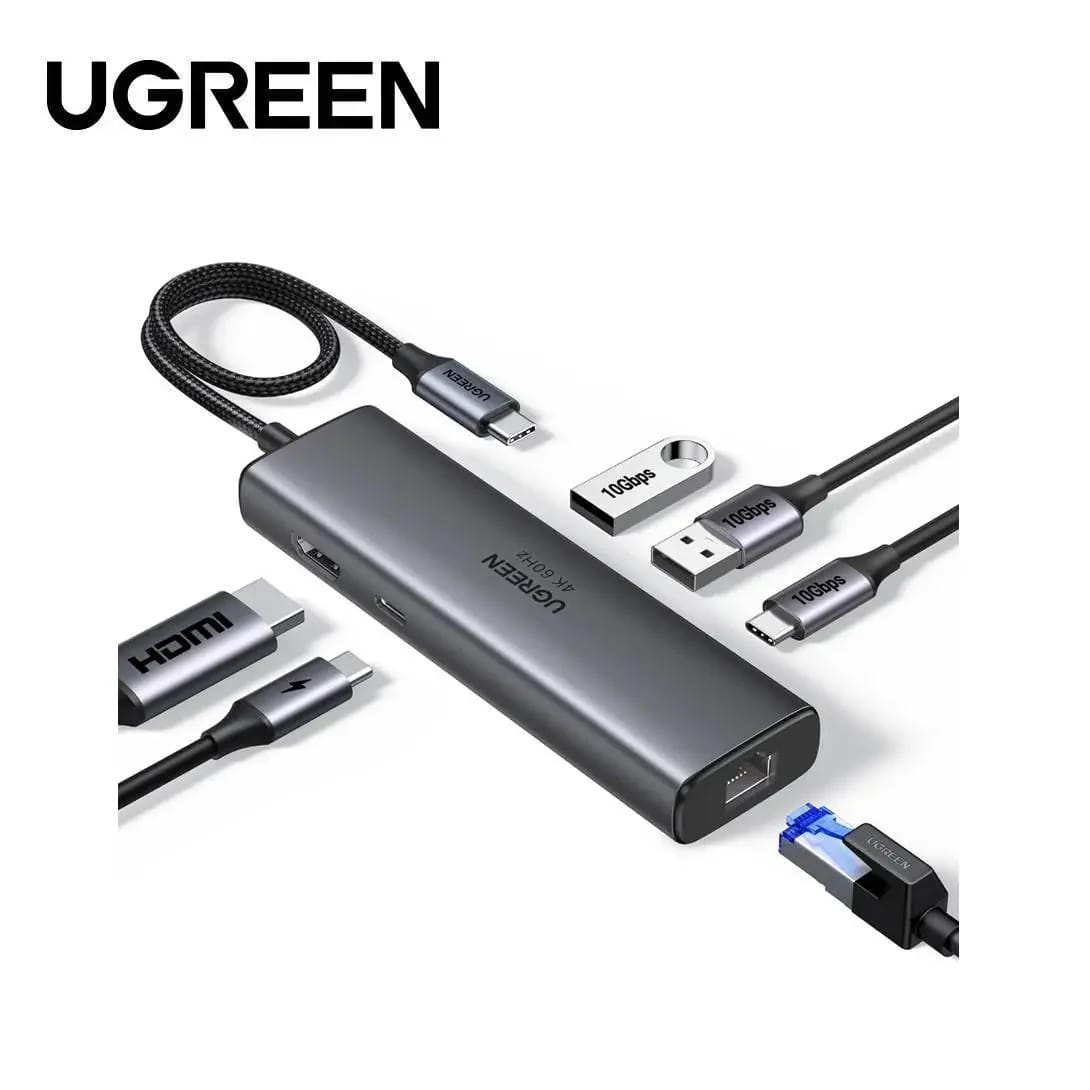 UGREEN 45000 محول USB-C إلى عدة منافذ 6 في 1 4K60HZ HDMI، USB-C 100W PD، إيثرنت جيجابت