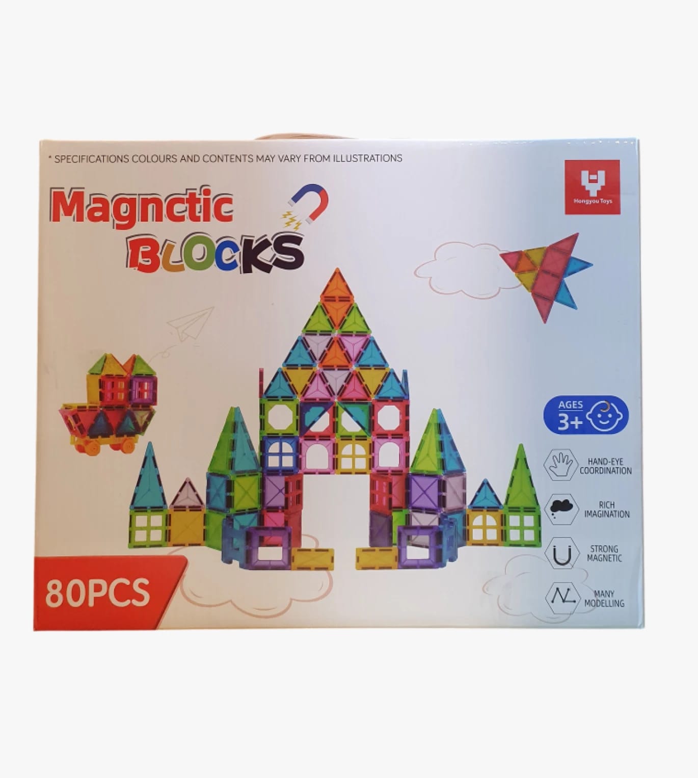 مجموعة مغناطيسية رائعة من Hongyu Toys للأطفال الصغار مع 80 قطعة لبناء وتصميم الأهرام والمنازل