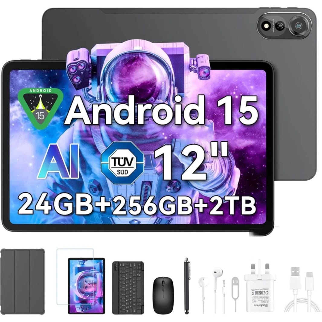 Blackview 12 inch MEGA 2 Tablet Best Android 15, Large Tablets with FHD+ 2K Display, 8+16GB RAM + 256GB ROM, 4G SIM, 5G WiFi, 9000mAh, Pen & Case, Octa-core Unisoc T615, Widevine L1, Google GMS - Celestial Grey