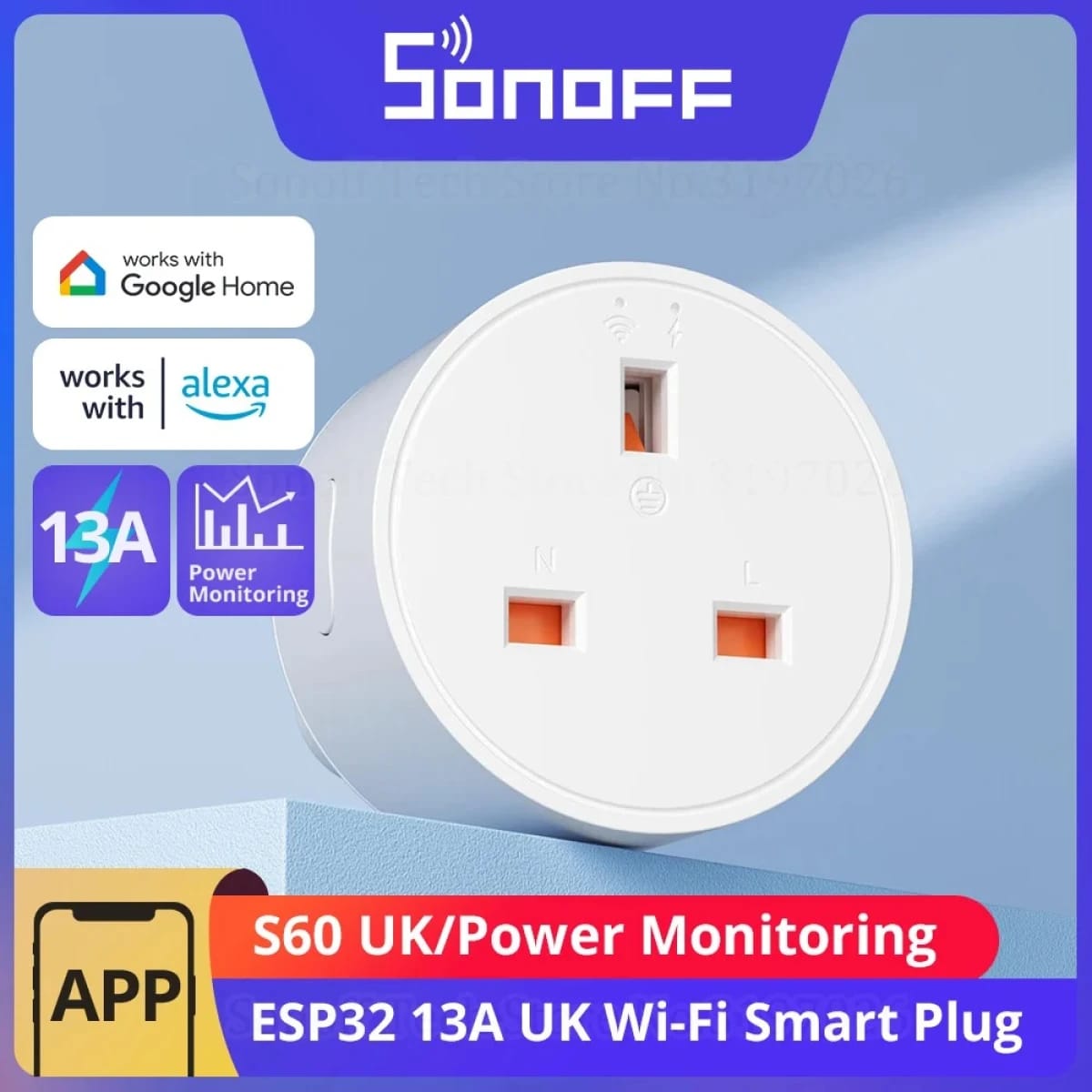 SONOFF S60 13A UK Smart WiFi Plug Mini with Energy Tracking