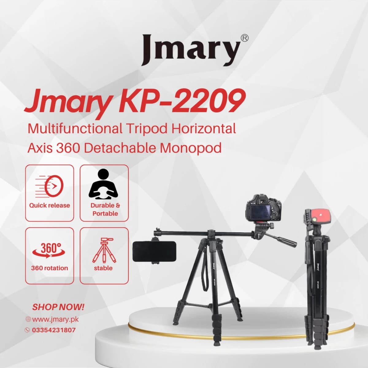 Jmary KP-2209 Multifunctional Tripod with Detachable Monopod for Mobiles and Cameras