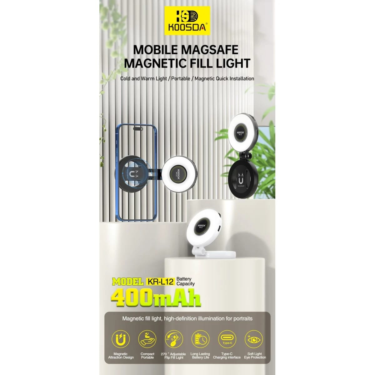 KOOSDA KR-L12 Magnetic Selfie Light with USB Rechargeable Adjustable Brightness